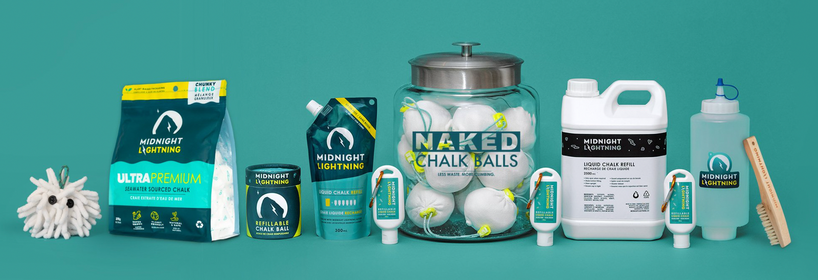 A variety of Midnight Lightning Products is displayed against a green background. Items include a Chalktopus, a bag of climbing chalk, a jar of chalk balls, a vegan chalk brush, a liquid chalk refill bottle, a spout pack of liquid chalk, and a packaged chalk sock, all arranged in a neat row.