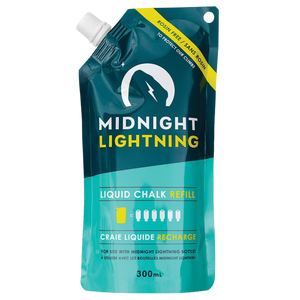 A blue and green resealable pouch of 300ml Liquid Chalk from Midnight Lightning, labeled as rosin-free, with an image of a hand and climbing icon. The text emphasizes it's suitable for climbers and contains 300mL of product.